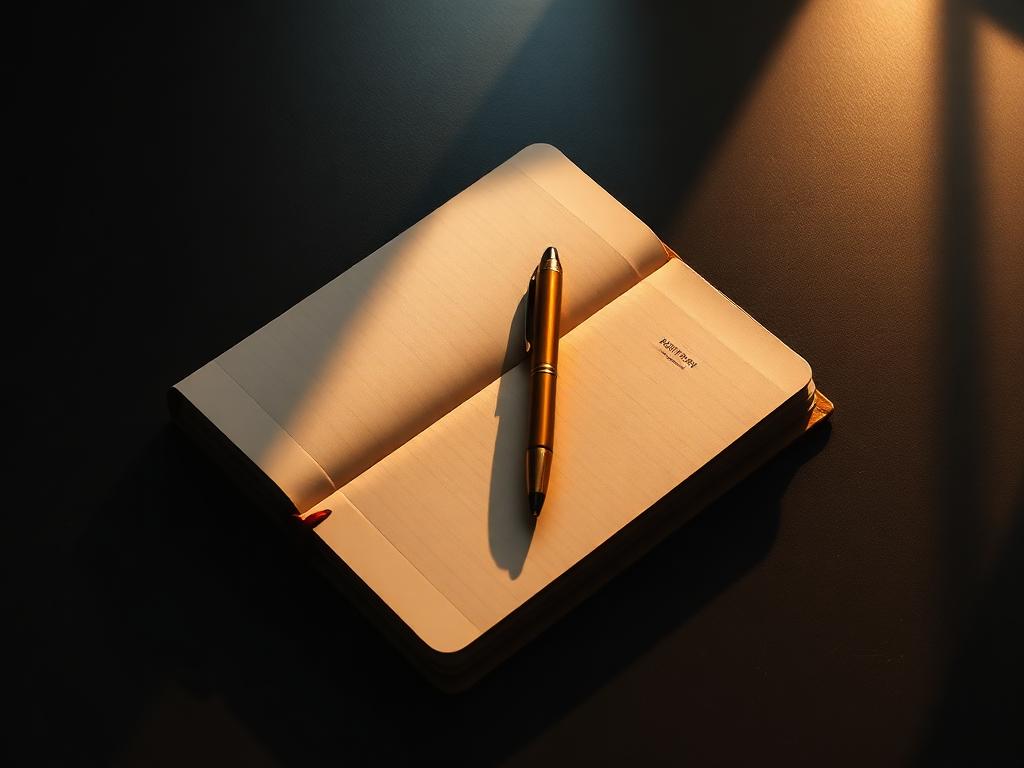 Open journal and gold pen in warm light