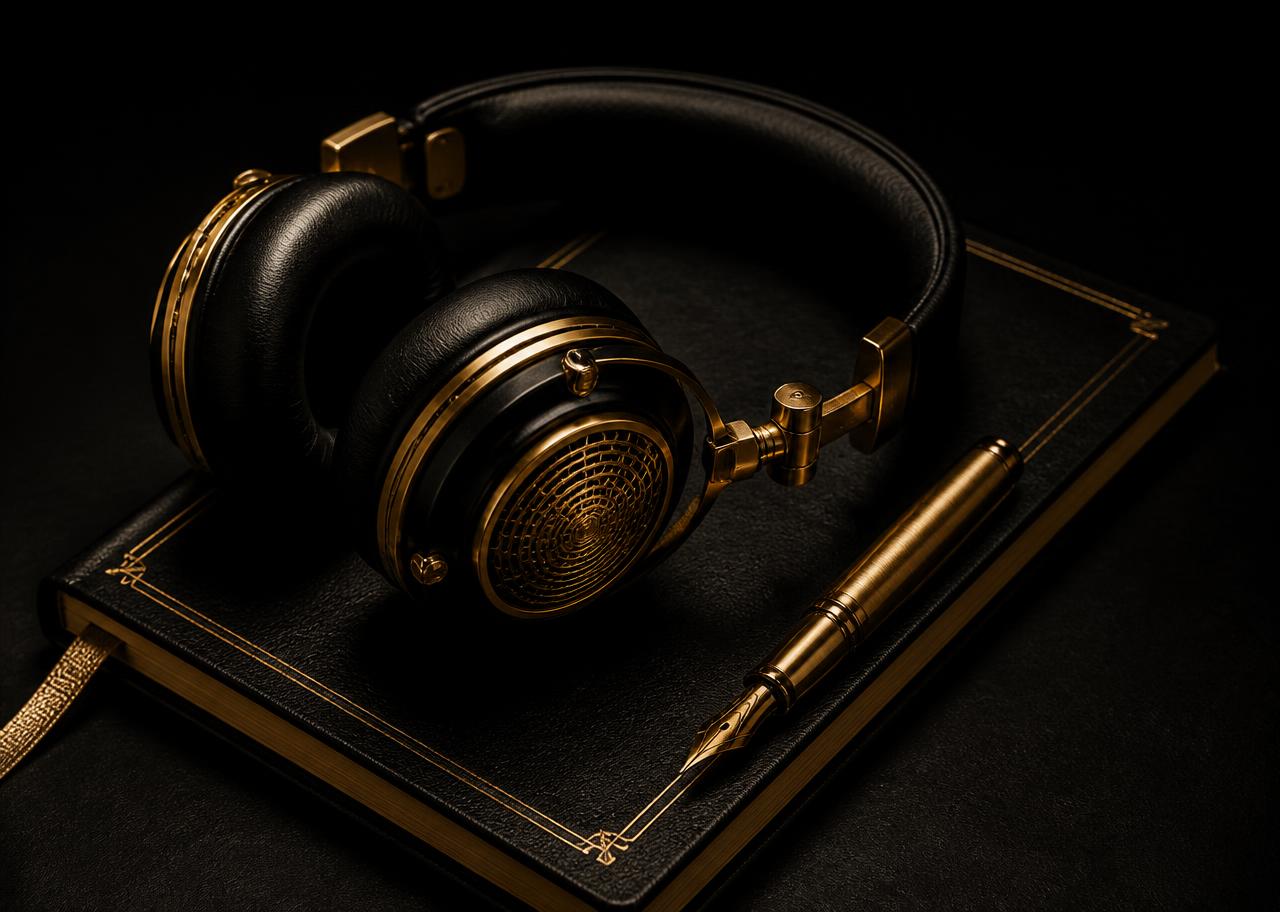 Headphones and a fountain pen resting on a leather journal